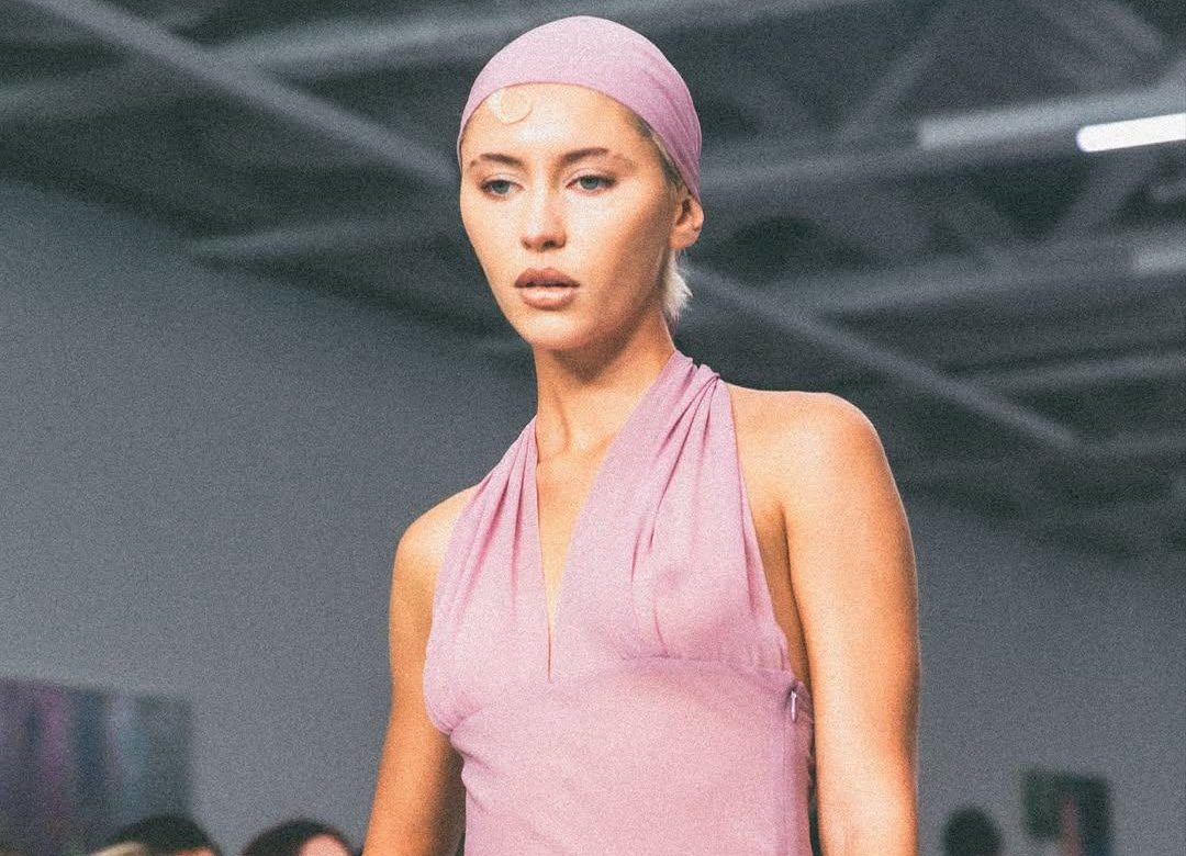 On Pop Spring Summer 2026Look 2Iris Law wears the dead stock silk georgette Kiera dress and head (1)
